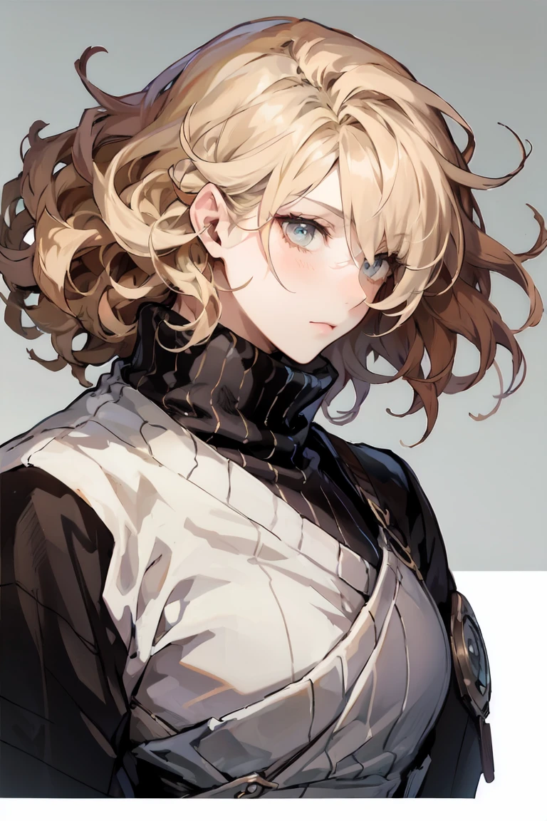  composition seen from the side 、 I have a large sword 、 1 man、 black turtleneck、 sweater、Blonde、 mash hair、Curly hair、 composition showing the whole body 