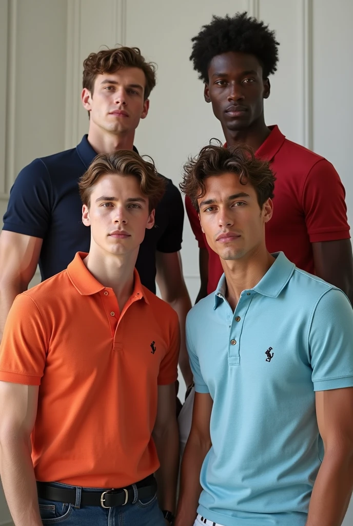 Three handsome men together, one with golden blonde, another with brown hair and another with reddish hair, another with a skinny angel face on the beach, Brazilian flag-colored boxers, all three of the same height, Brazil, Rio de Janeiro,