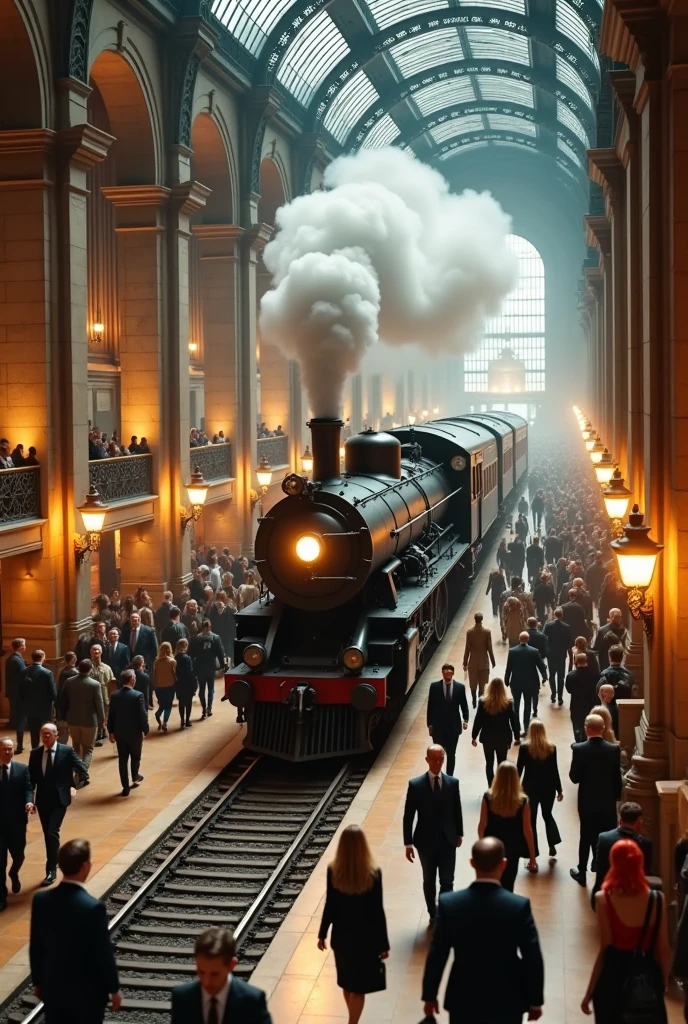 photo realistic of indoor train station in rush hours, steam-engined train waiting for passenger,highly detailed, high quality, shot from above, ceiling viewer