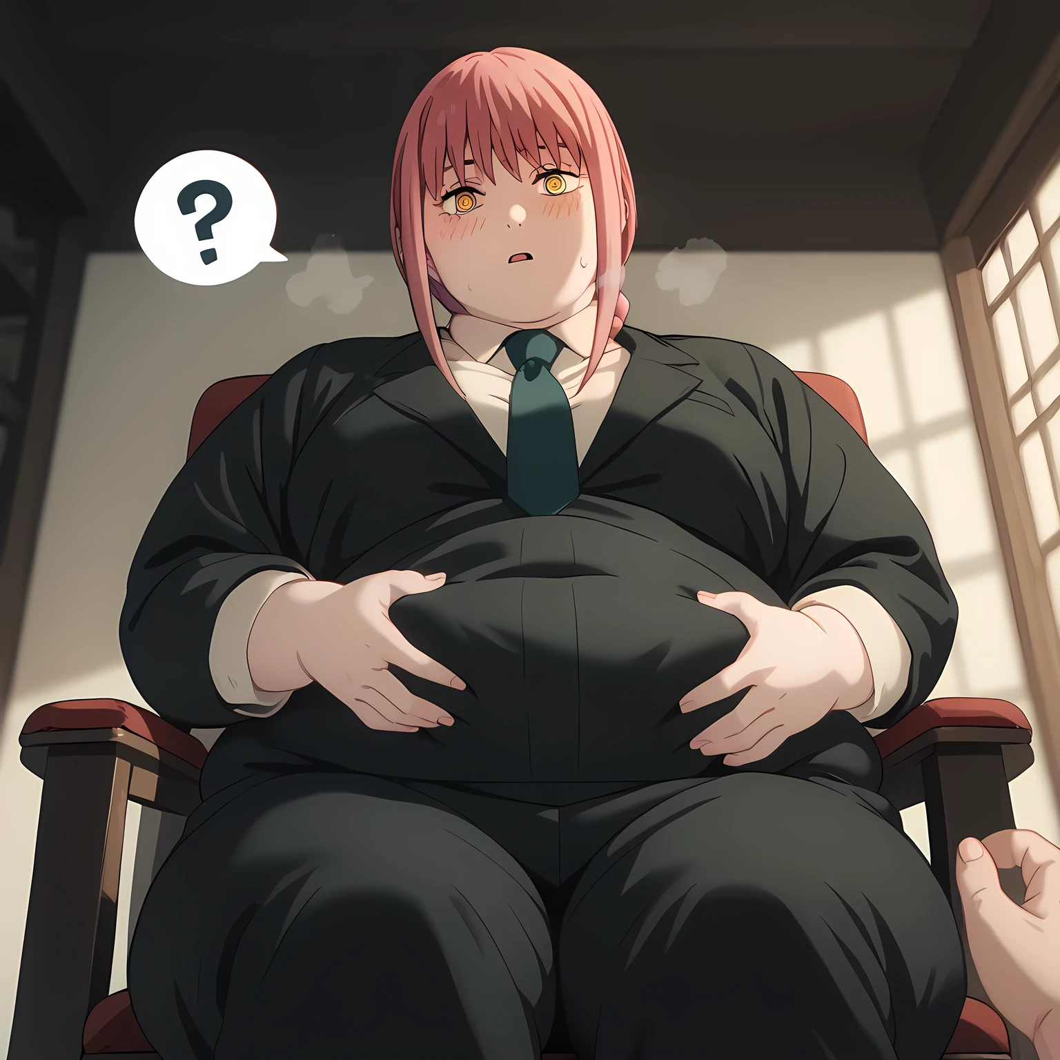 looking at viewer,parted lips,
solo,
Makima,1girl,pink hair,braid,yellow eyes,
medium breasts,
black suit,necktie,
black pants,
sitting,chair, bulging belly, fat, chubby, obese, open mouth, out of breath, absurdres, highres icon, rating:General, confused, blush, spoken question mark, {flustered}, nervous sweating, portrait, pov hands, hand on another's belly, averting eyes, [looking away], straight-on, from below, swollen face, masterpiece, best quality, ultra-detailed, high resolution, 8K, absurdres, highres icon,