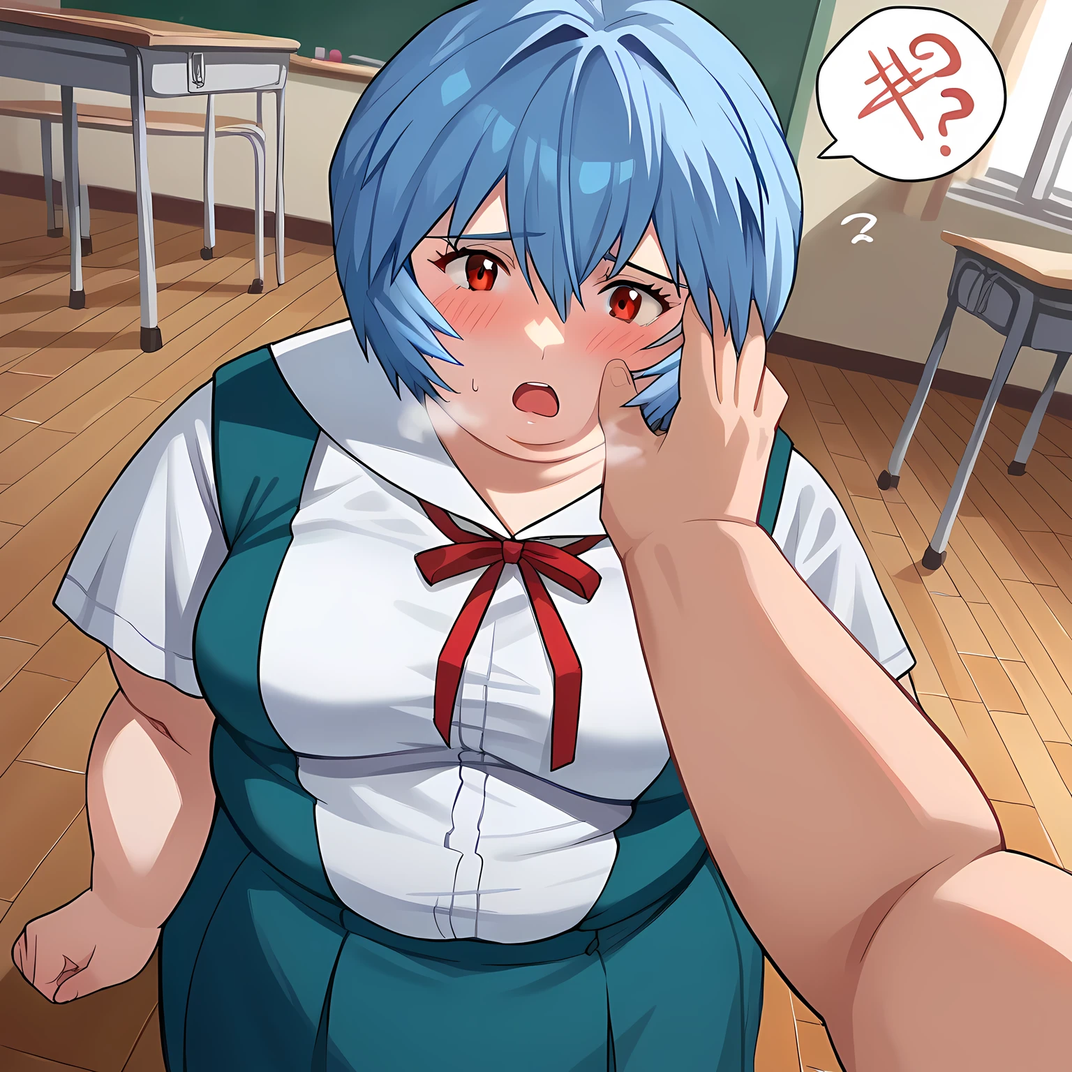 score_9, score_8_up, score_7_up, source_anime, reiayanami, rei ayanami, blue hair, short hair, red eyes, skirt, shirt, ribbon, school uniform, white shirt, short sleeves, red ribbon, neck ribbon, tokyo-3 middle school uniform, indoors, classroom, looking at viewer, cowboy shot, dutch angle, dynamic pose,swollen face, fat, chubby, obese, open mouth, out of breath, absurdres, highres icon, rating:General, confused, blush, spoken question mark, {flustered}, nervous sweating, portrait, pov hands, hand on another's cheek, averting eyes, [looking away], straight-on, from above,  upper body, masterpiece, best quality, ultra-detailed, high resolution, 8K, absurdres, highres icon,