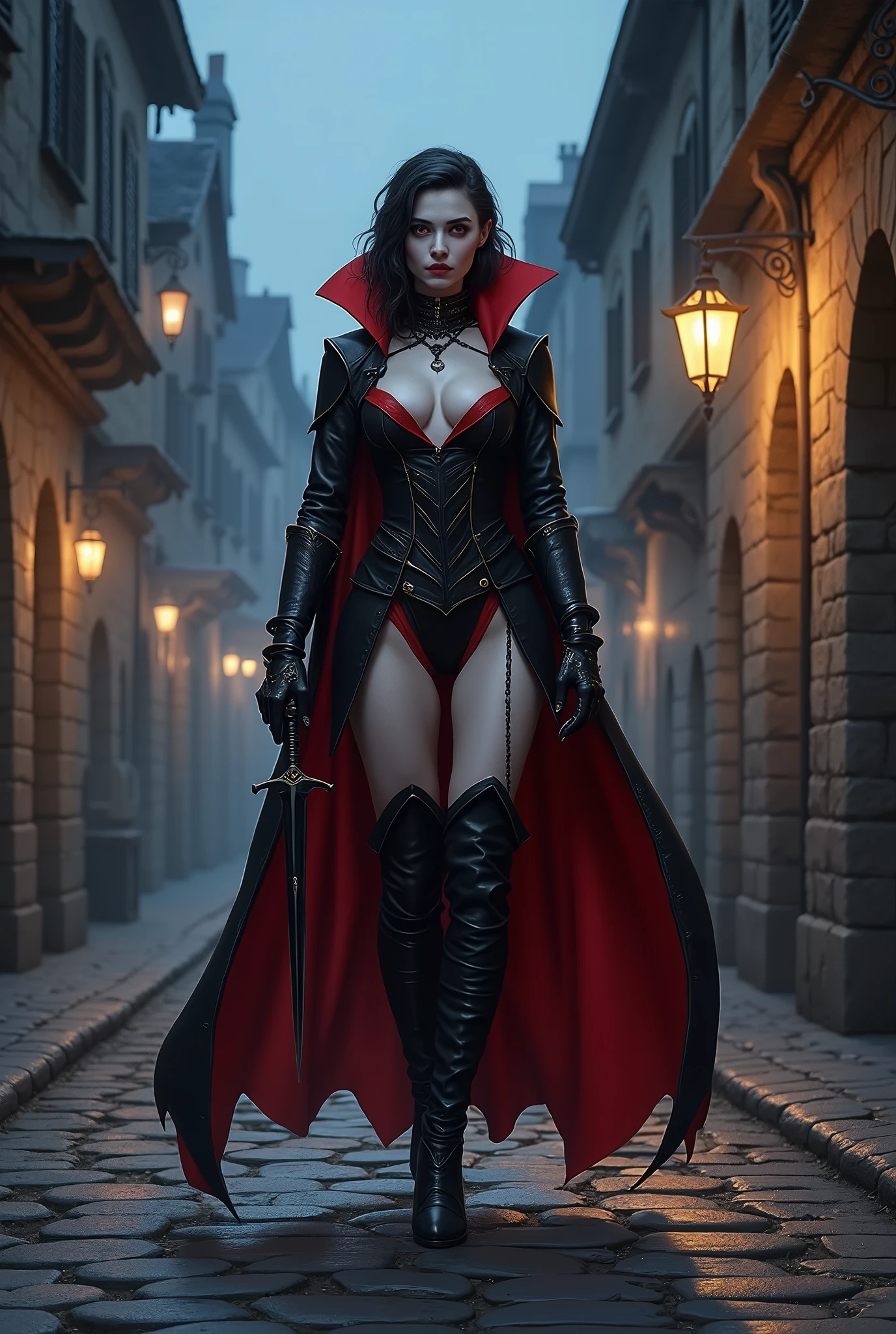 (8k uhd, masterpiece, best quality, high quality, absurd, ultra-detailed) a woman, vampire, pale skin, red eyes, (long black hair with blue tips, undercut), red lips, black collar, leather hood, black corset, black skirt, black boots, looks at the viewer, leaning against a wall, slighty smile, licking lips, fangs, gothic style