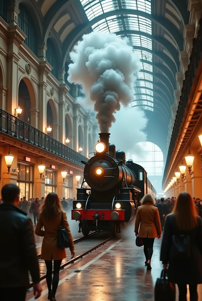 photo realistic of indoor train station in rush hours, steam-engined train waiting for passenger,highly detailed, high quality, shot from below,ground viewer