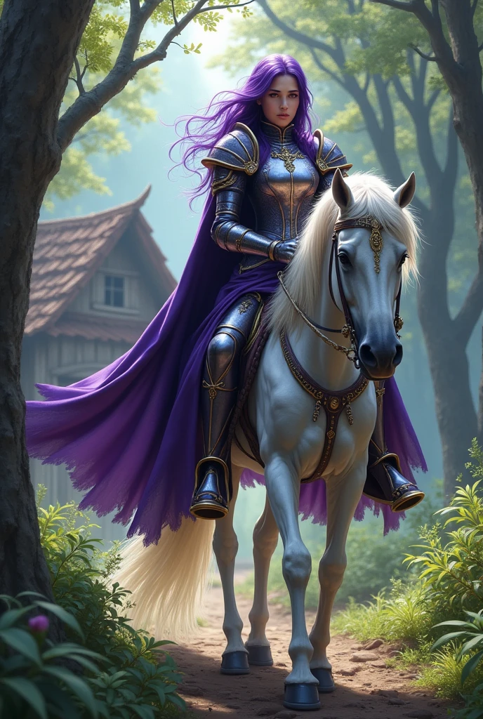fantasy art, RPG art, high details, best quality, 16k, RAW, [best detailed], masterpiece, best quality, (extremely detailed), (full body: 1.2), ultra wide shot, photorealistic, a (noble woman knight: 1.3) rides his horse in the dark streets of a medieval town, its raining heavy rain, the rain drops on the noble knight, drops on the street, puddles in the street,  the  knight wears (heavy armor :1.3), (white armor: 1.3) , wearing (purple cloak: 1.3), beautiful woman knight, long hair, blond hair, braided hair, noble face, green eyes, armed with a (intricate sword: 1.3), the street is dark, lit by torches, a (fantasy temple: 1.2) in the background, fantasy urban town setting, cloudy night, full red moon,