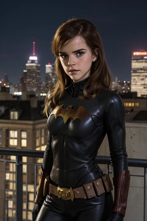 Emma Watson, Batgirl, nighttime, rooftop, utility belt, fit body