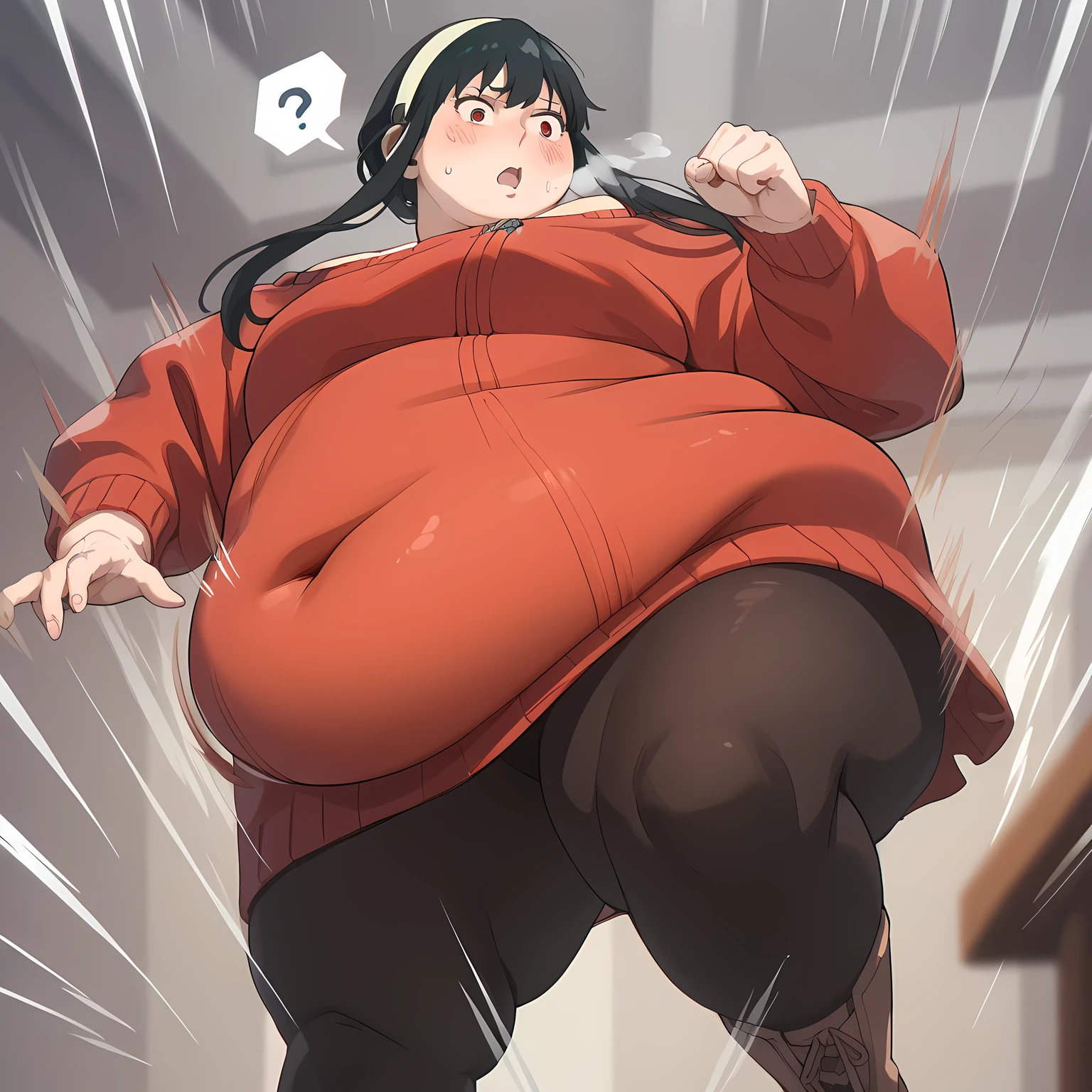 looking at viewer,
solo,
YorForger,1girl,black hair,red eyes,short hair with long locks,
white hairband,
off shoulder,red sweater,
black pantyhose,
boots,
standing,
motion_blur,motion line,speed_lines,sweater skirt,kicking,high_kick,stretched legs,looking back, bulging belly, fat, chubby, obese, open mouth, out of breath, absurdres, highres icon, rating:General, confused, blush, spoken question mark, {flustered}, nervous sweating, portrait, pov hands, hand on another's belly, averting eyes, [looking away], straight-on, from below, swollen face, masterpiece, best quality, ultra-detailed, high resolution, 8K, absurdres, highres icon,