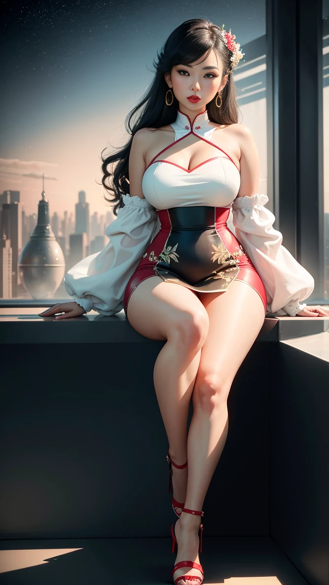 20 years old girl sitting beside a porches, cyber punkstyle, furtureistic, pin up style,sexy, surprised, up skirt, flowing skirt, colorful , masterpieces, illustrated, shining skin, detailed face, big breast.