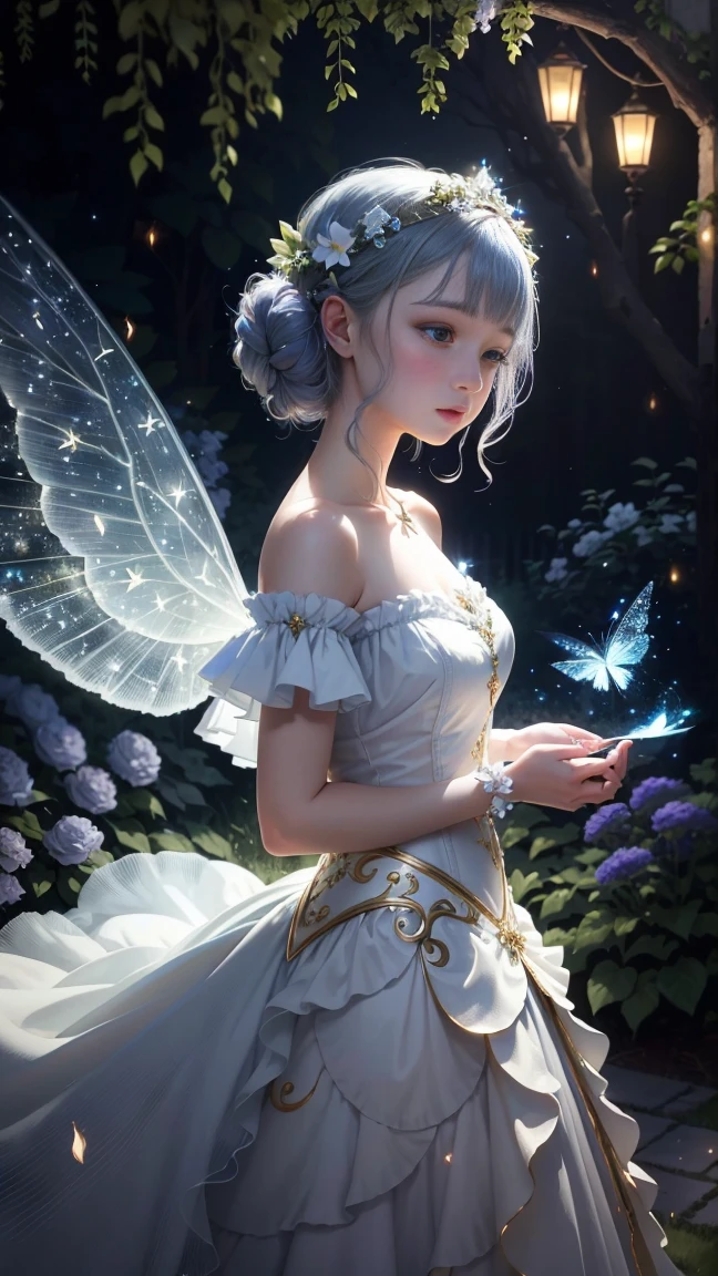 High quality, high resolution, fractal art, white hair and blue eyes, beautiful girl with long hair and white tiger, fairy wings on her back, white dress with delicate embroidery, fantasy art, fantastic flower field, soap bubbles, Korean glitter eye makeup, very delicate makeup, glitter, small breasts 