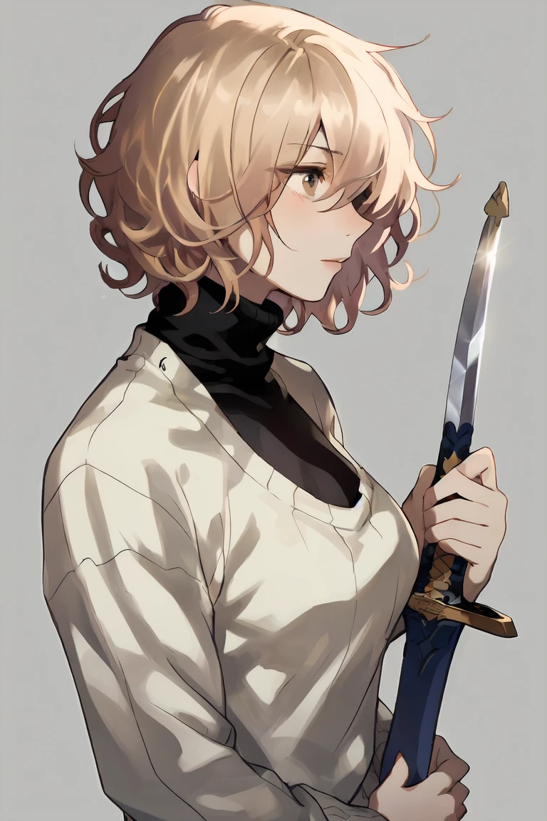  1 man、 composition seen from the side 、 can see her whole body、 I have a large sword 、Blonde、 mash hair、 short hair 、Curly hair、 black turtleneck、 sweater