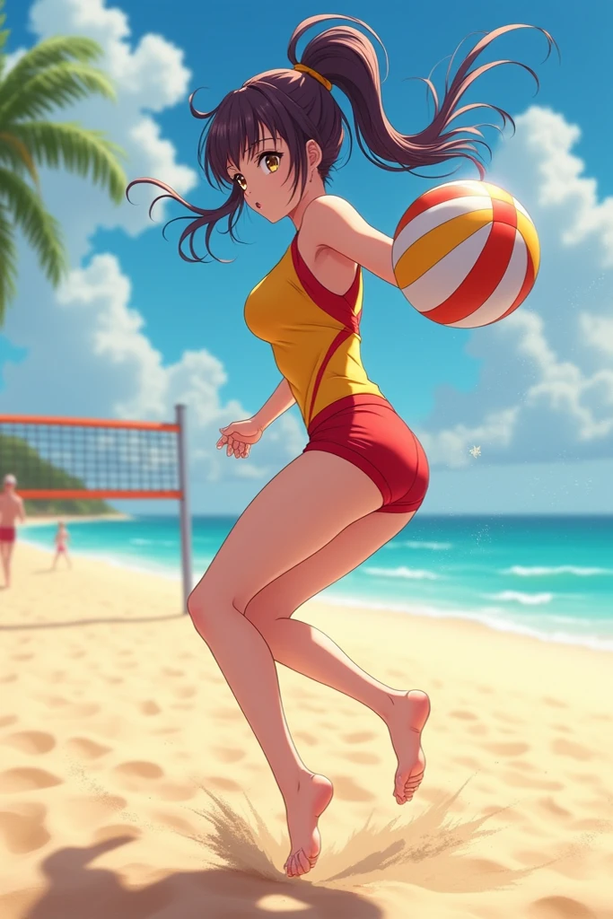 A cute woman is playing volleyball in a sensible beach outfit, high action, having fun
