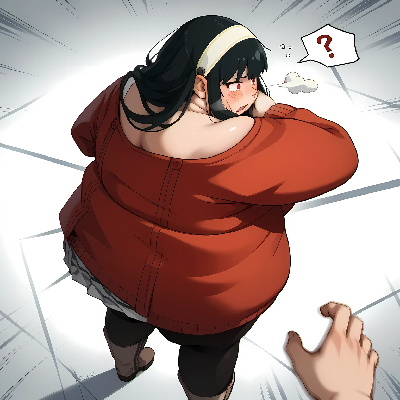 looking at viewer,
solo,
YorForger,1girl,black hair,red eyes,short hair with long locks,
white hairband,
off shoulder,red sweater,
black pantyhose,
boots,
standing,
motion_blur,motion line,speed_lines,sweater skirt,kicking,high_kick,stretched legs,looking back,swollen face, fat, chubby, obese, open mouth, out of breath, absurdres, highres icon, rating:General, confused, blush, spoken question mark, {flustered}, nervous sweating, portrait, pov hands, hand on another's cheek, averting eyes, [looking away], straight-on, from above,  upper body, masterpiece, best quality, ultra-detailed, high resolution, 8K, absurdres, highres icon,