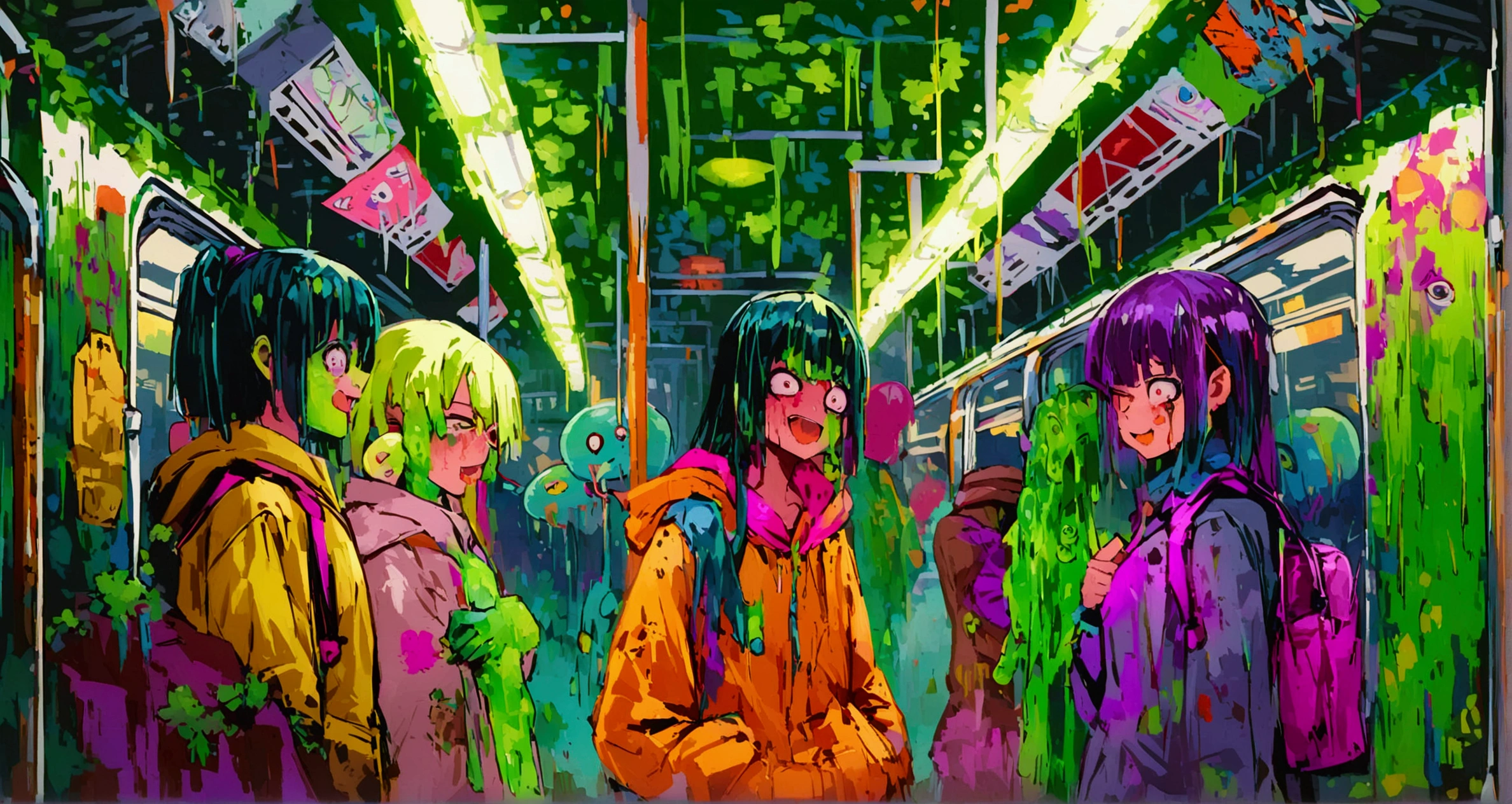   close-up of Zombie girls standing on the green floor of a New York subway platform, Green Slime, Green Slime everywhere, Neon Radioactive Swamp  , Green Slime dripping, Alien Room  , Cosmic horror style, Ectoplasm,  Indie Video Game Horror , alternate  Album cover , Oozing,  Album cover ,   just a joke  , Slime and tentacles,  Reptile's Slime 、Bustling zombies 、 Train Full of Graffiti、たくさんのzombie girlがこちらに向かって走る、駅のホーム