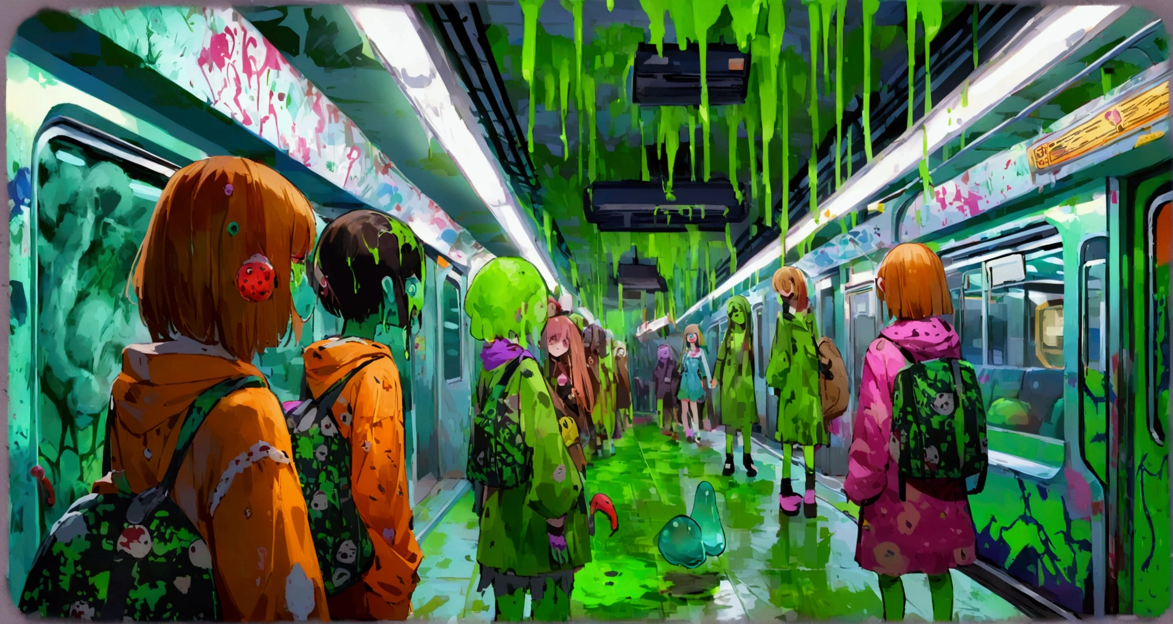   close-up of Zombie girls standing on the green floor of a New York subway platform, Green Slime, Green Slime everywhere, Neon Radioactive Swamp  , Green Slime dripping, Alien Room  , Cosmic horror style, Ectoplasm,  Indie Video Game Horror , alternate  Album cover , Oozing,  Album cover ,   just a joke  , Slime and tentacles,  Reptile's Slime 、Bustling zombies 、 Train Full of Graffiti、たくさんのzombie girlがこちらに向かって走る、駅のホーム