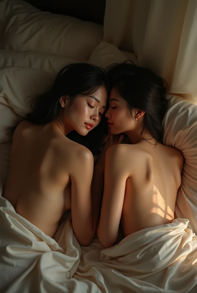 （（（Photorealistic）））、（（Realistic））、（Very high resolution）、Highest quality（masterpiece）、（（非常にPretty face））（（Two Japanese women））、Multiple women、Large Breasts、Pretty face、Sleeping on the bed、On all fours、nude、Bob、Black Hair、One of them sticks out his butt、Press your hips against my butt、Turn your butt towards the viewer