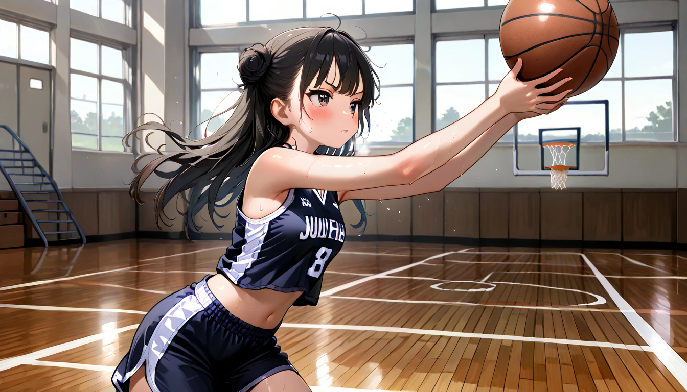 ((top quality)),((masterpiece)),((perfect face)),(ultra-detailed),ultra high res, 8k, 2girls, basketball court, playing basketball, throw, exquisite, cowboy shot, (very aesthetic:1.2), (absurdres:1.2), (detailed background),newest, perfect anatomy,