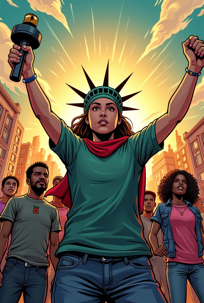 woman, black hair, yellow shirt, denim pants, protesting, crowd, american flags, city, daytime, comic book style, flat shaded, prominent comic book outline linework