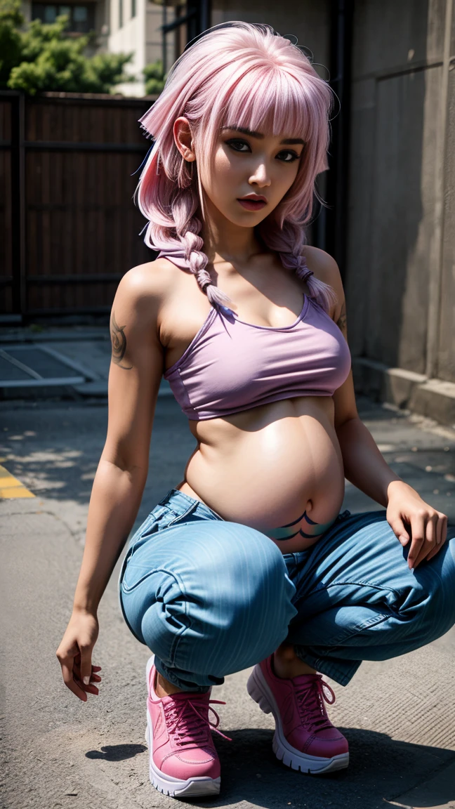 science fiction, superior quality, many details, detailed face, realistic, full body view, 1girl, pink hair, body tattoo, braids, agakash, (small breast:1.4), pregnant, pants, oversize hoodie, cropped top, (high platform shoes), hand on breast, touching self, squat