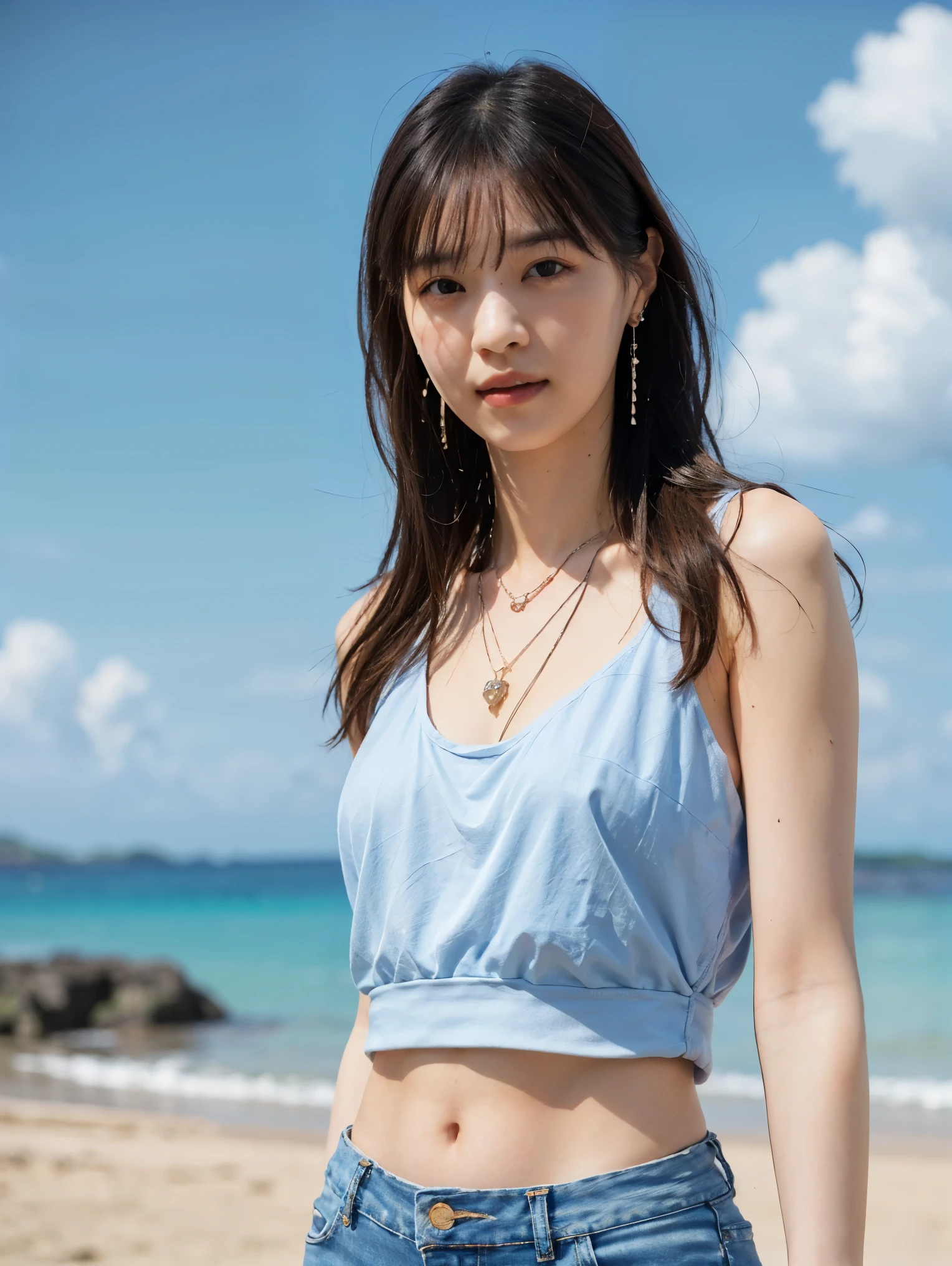 Central chest, beautiful and amazing eyes, ( long hair:1.2), (  long hairと前髪付き ),(8k,  best quality, masterpiece:1.2), (Realistic, Realistic:1.37),  Very detailed,  1 girl, cute, Alone,(white tank top and distressed denim shorts:1.2)、( thin due to small things necklace,  earrings for a woman alone),belly button、Look forward, The whole body is shown, sexy girl portrait, Blue sky and clouds, sandy beach、Midsummer，