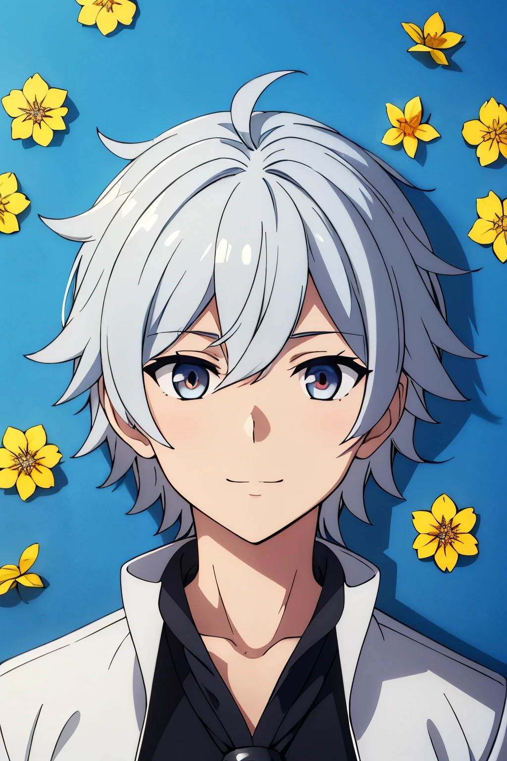 (high-quality, breathtaking),(expressive eyes, perfect face) 1boy, portrait, male, solo, teenager, white silver hair, golden highlights, symmetrical eyes, symmetrical ears, soft wavy hair, short hair length, cute smile, kind face, blue scarf, black t-shirt, white jacket, short sleeves, khroxas, orange trim, open jacket, sky blue background, plain blackground, petals, hair ornaments, flower ornaments, hair golden yellow flowers, narrow eyes, flower on shirt,
