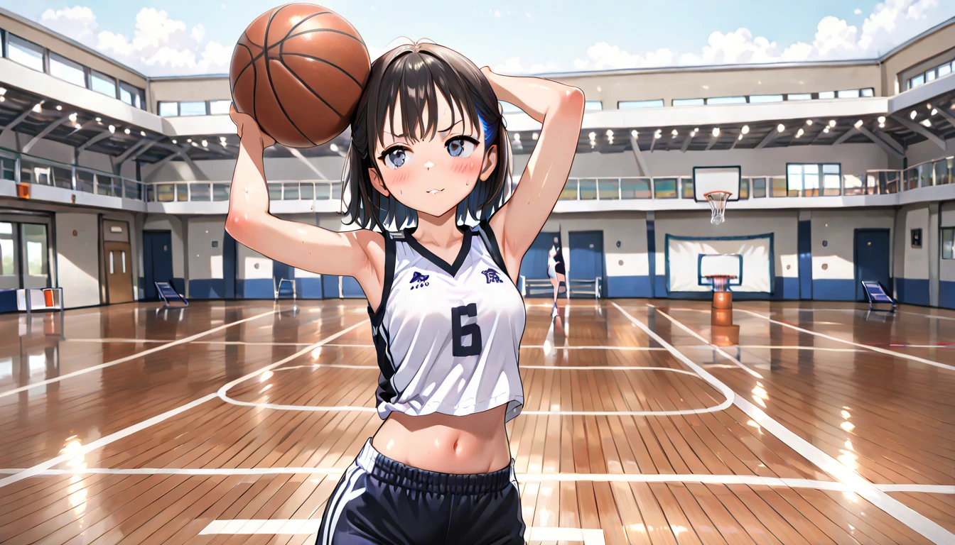 ((top quality)),((masterpiece)),((perfect face)),(ultra-detailed),ultra high res, 8k, 2girls, basketball court, lay up, exquisite, cowboy shot, (very aesthetic:1.2), (absurdres:1.2), (detailed background),newest, perfect anatomy,