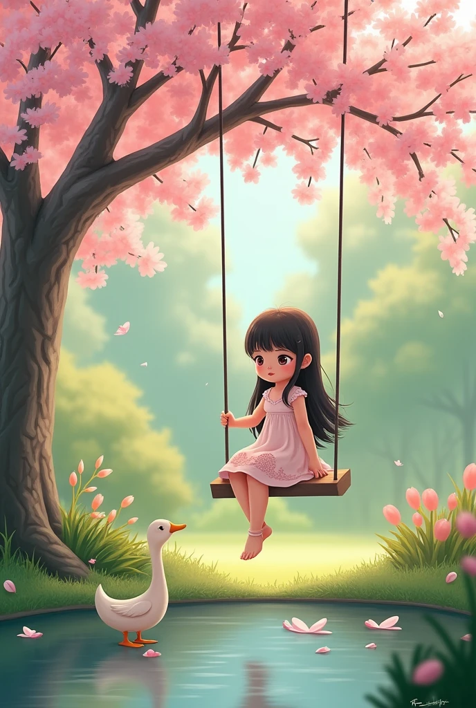 An artistic representation of a young girl immersed in a world of imagination and play. The scene takes place in a whimsical park with towering trees and vibrant, fantastical flowers. The girl is sitting on a colorful bench, surrounded by her beloved toys, which seem to come to life in her presence. The art style is a fusion of watercolor and digital illustration, with dreamlike brushstrokes and vibrant hues. The lighting is soft and dreamy, casting a magical glow on the scene. The overall atmosphere evokes a sense of wonder, capturing the essence of childhood innocence and imagination. --ar 16:9 --auto