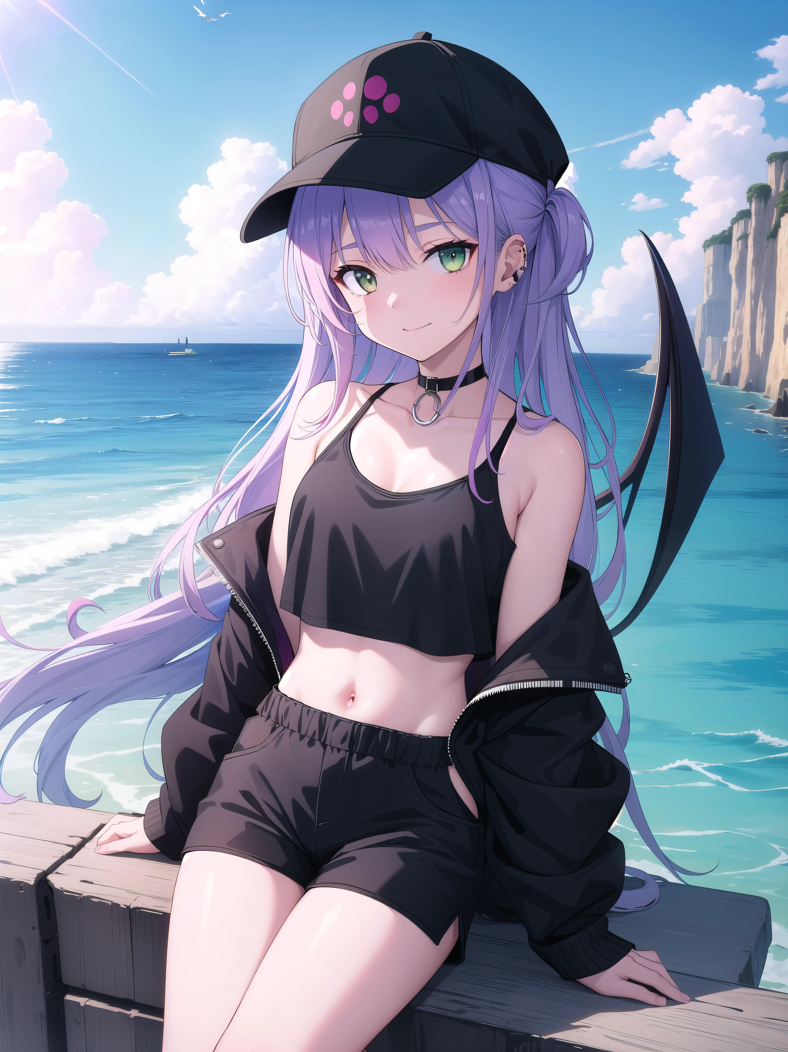 (( Masterpiece )),( best quality), Official Art, Highly Detailed CG, Unity 8K Wallpaper, super detailed,Lighthouse on the cliff、It's by the sea, 1 girl,Alone, upper body,( portrait:1.2),tokoyami towa,Asymmetrical footwear,asymmetrical leg clothing ,Baseball cap, Sports Time , black choker,Black footwear, black headwear, black shorts, black tank top ,colored inner hair, crop top, cropped jacket ,Demon Girl ,Demon's Tail,Ear Piercing,False horns, fishnet legwear,Green Eyes, hair ornament, hair clips, have ,Horned hat, white jacket, long hair, Long Sleeve ,abdomen, Mismatched Footwear,Multicolored Hair,Belly button piercing, off shoulder, Pink Hair,pointy ears, purple hair,shoes, Short Shorts ,sidelocks,Single Garter,single thighhigh,smile, striped hair, tail ornament ,tail earring , twin tails, uneven legwear,