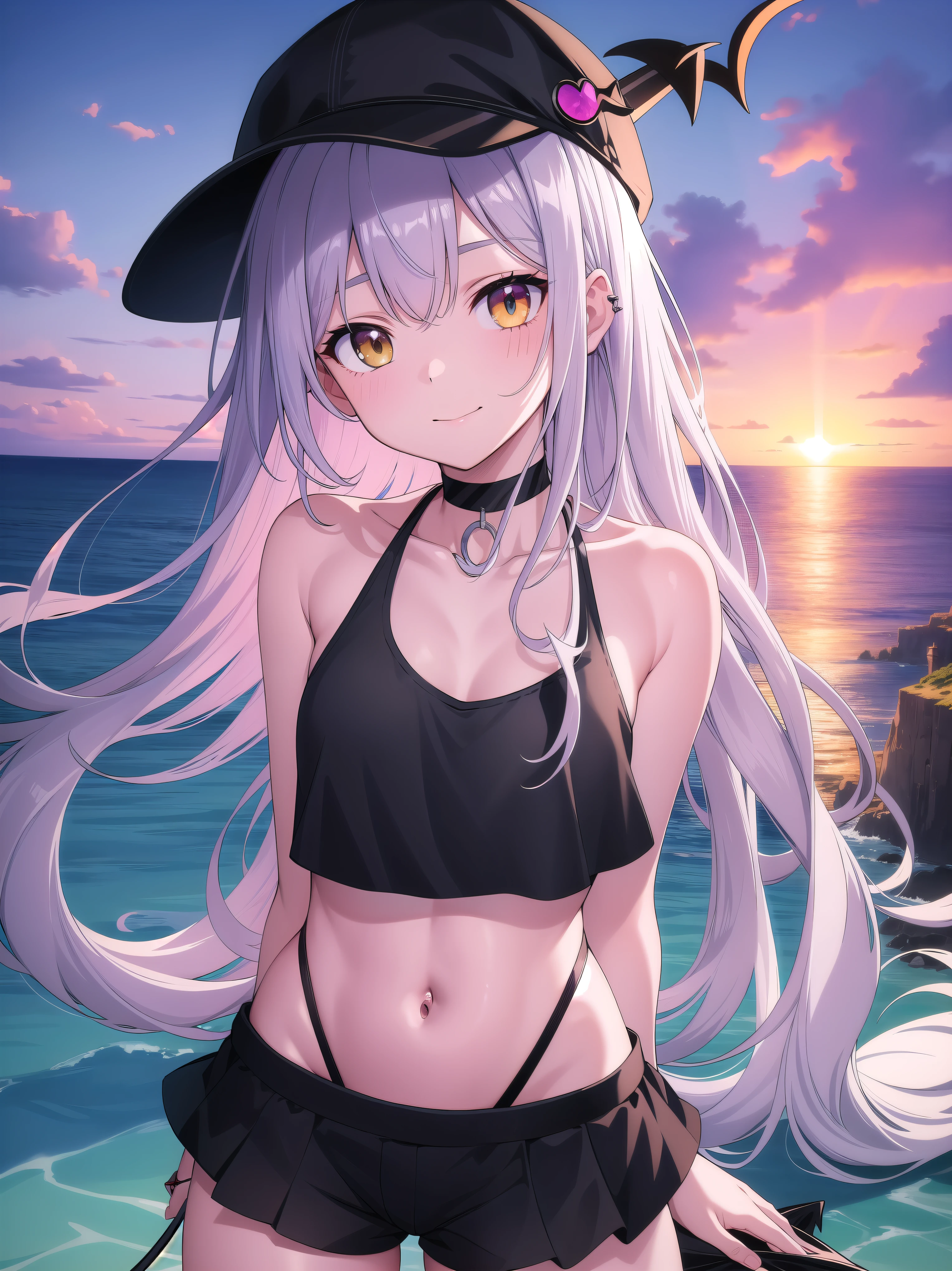 ((  Masterpiece )),( best quality), Official Art, Highly Detailed CG, Unity 8K Wallpaper, super detailed,Lighthouse on the cliff、It's by the sea, 1 girl,Alone, upper body,( portrait:1.2),tokoyami towa,Asymmetrical footwear,asymmetrical leg clothing ,Baseball cap, Sports Time , black choker,Black footwear, black headwear, black shorts, black tank top ,colored inner hair, crop top, cropped jacket ,Demon Girl ,Demon&#39;s Tail,Ear Piercing,False horns, fishnet legwear,Green Eyes, hair ornament, hair clips, have ,Horned hat, white jacket, long hair, Long Sleeve ,abdomen, Mismatched Footwear,Multicolored Hair,Belly button piercing, off shoulder, Pink Hair,pointy ears, purple hair,shoes, Short Shorts ,sidelocks,Single Garter,single thighhigh,smile, striped hair, tail ornament ,tail earring , twin tails, uneven legwear,