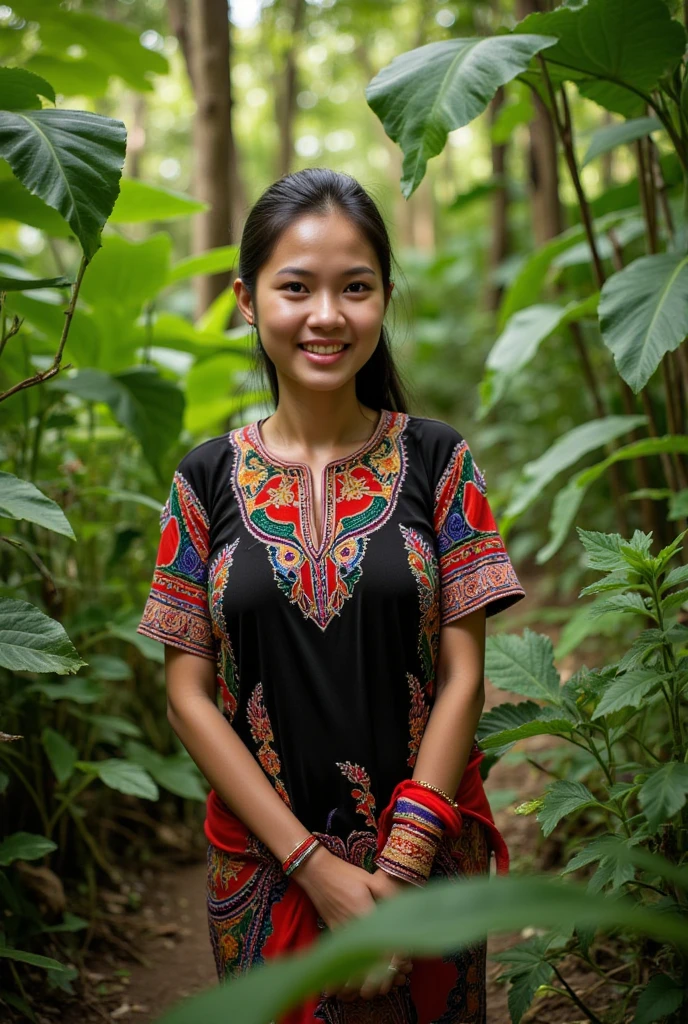 Beautiful indonesian woman, wering indonesian dayak tribe clothes. walking in the rainforest jungle. look at the viewer, natural light, realistic photography, wide angle shot,