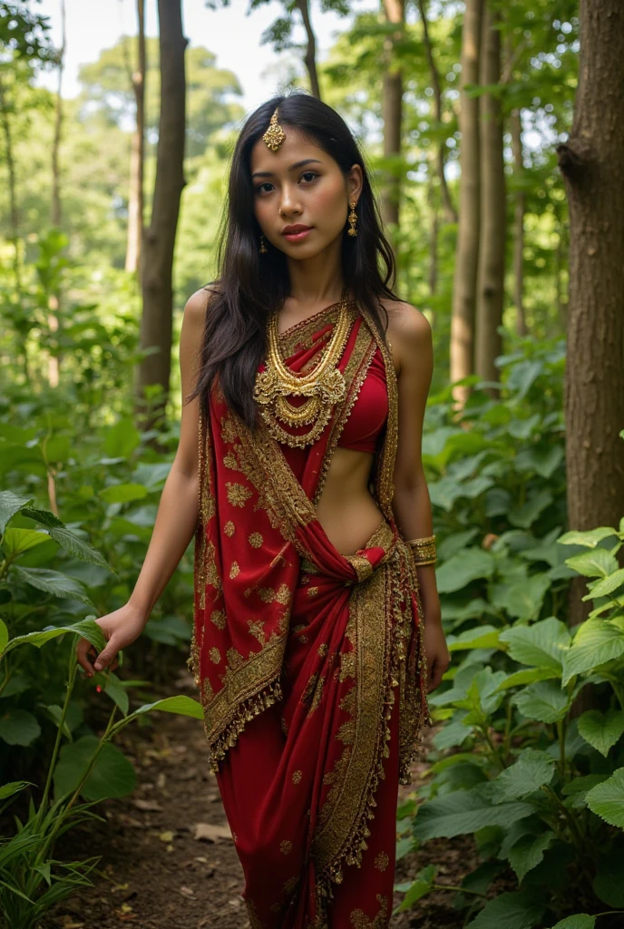 Beautiful indonesian woman, wearing red indian tribe clothes. walking in the rainforest jungle. look at the viewer, natural light, realistic photography, wide angle shot,