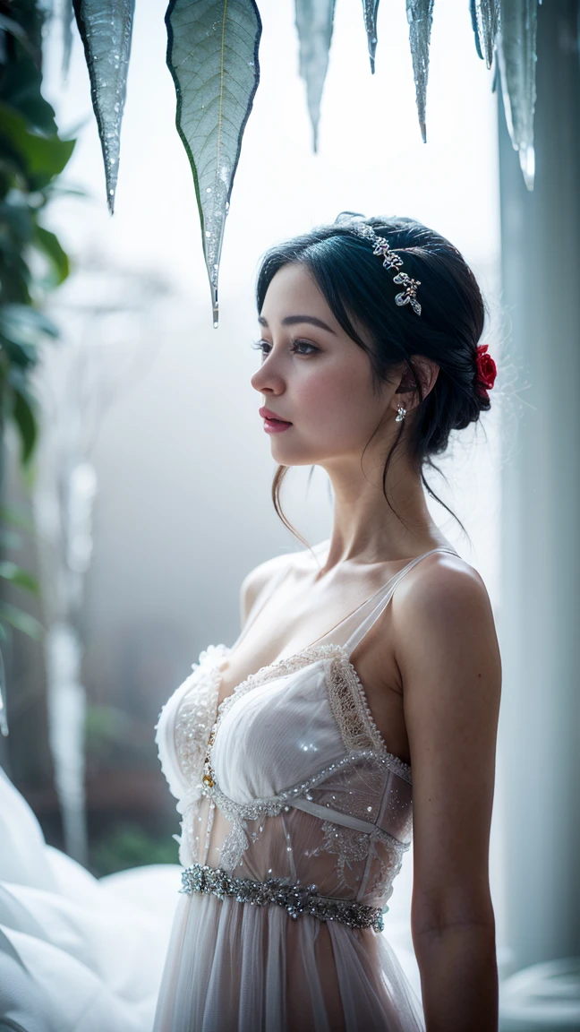 Silent night, an incomplete string of moons, a withered branch, a lonely swan; A bleak heart, a desperate man, dystopian future, delicate eyes, short messy white hair, theme loneliness ((best quality, 8k, masterpiece: 1.3))