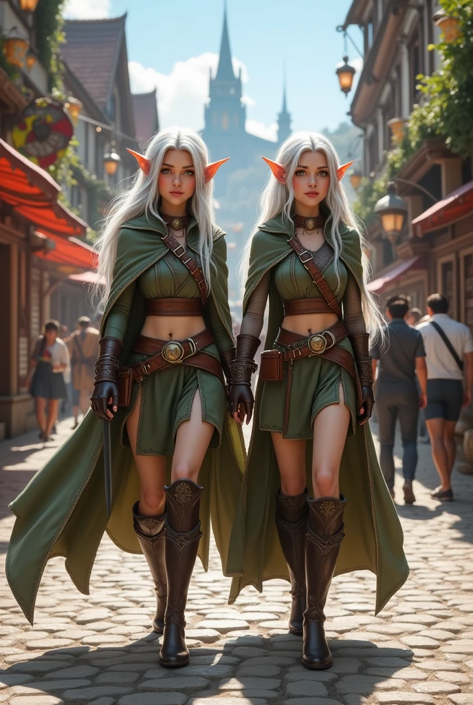 photorealistic, a high resolution, (((2 beautiful women))), elf warrior, long braided black hair, (wear elven baroque armor), battle-worn, magic, Short skirt, short top, smiling, fantasy, dynamic pose, background of castle ruins in the forest, (((blue-gray body skin)), bronze body skin, fire magic, Wind magic, dramatic, Chromatic aberration.