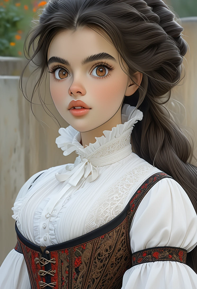 A beautiful woman of contradiction. Plush kissable lips, thick hairy unibrow, big eyes. square jaw chiseled jaw, large nose, sharp nose. Whalebone-corset, long flowing lacey skirt. thick wiry beautiful hair.