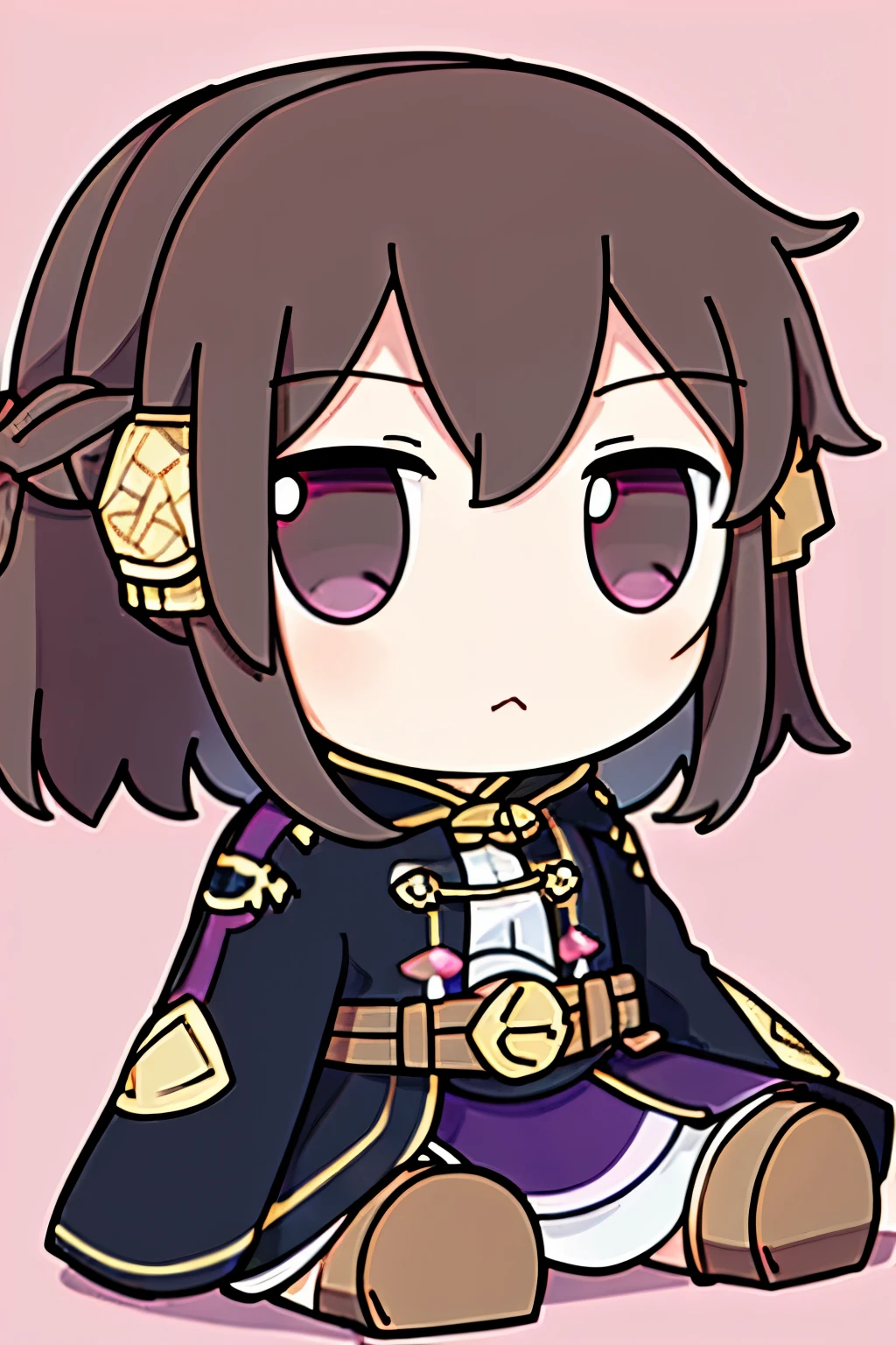 (high-quality, breathtaking),(expressive eyes, perfect face) 1girl, female, solo, Symmetrical Eyes, Robin (Fire Emblem: Awakening), dark Brown hair color, short hair length, messy wavy hair, hair ornament, pink eyes, Black and purple robe, gold trim, hood, white shirt, brown belt, Arms down, pants, boots, grey background, female robin (fire emblem), dark brown hair, braided bang, ribbon in hair, fumo \(doll\), jitome, looking at viewer, fumo, sitting
