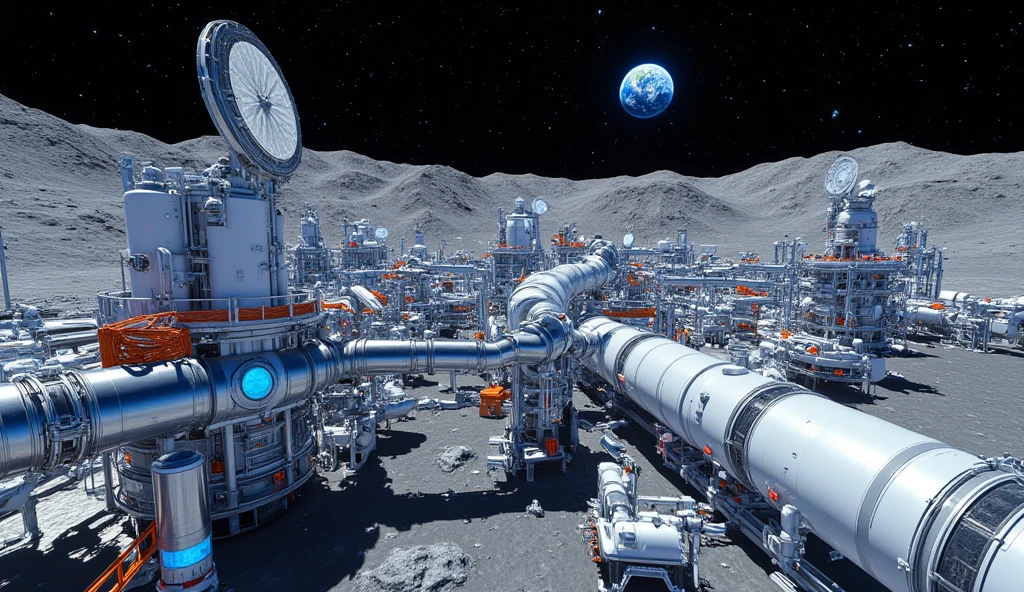 A grand panoramic view of a futuristic lunar base, sprawling across the rugged, cratered surface of the moon. The base is a marvel of engineering, with sleek metallic structures, towering observation domes, and interconnected corridors illuminated by a cold, bluish glow. Gigantic solar panels and communication arrays stretch towards the star-filled sky, while massive landing pads host advanced spacecraft. Robotic machines move efficiently along conveyor tracks, and luminous pipelines weave through the facility, emphasizing its mechanical sophistication. In the distance, Earth hangs in the sky, casting a faint glow over the scene. The composition captures the scale and intricacy of the base, blending awe-inspiring architecture with the stark beauty of the lunar landscape