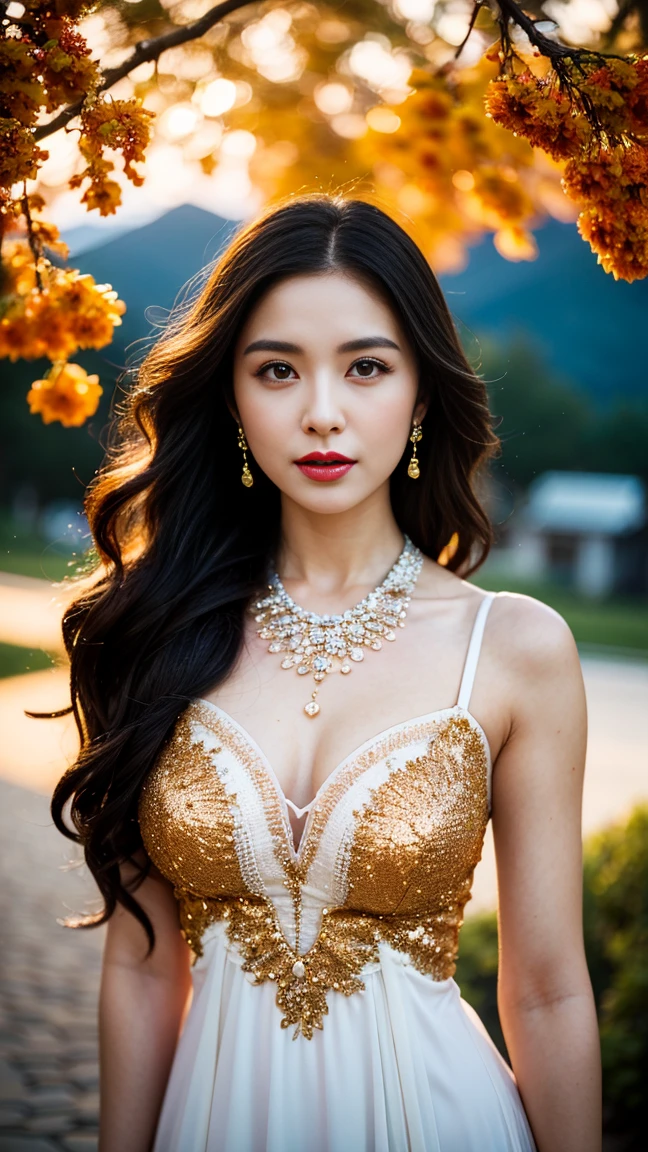 pretty girl: Asian, super cute;
Age: from 18-20 years old;
hair: bronze orange color, smooth, shimmering in the sunlight, very detailed;
skin: ivory white, rosy and flawless;
pores on real leather;
eyes: jet black, ((realistic)), almond shaped, sexy, youthful, clear, ((super detailed)), elegant, seductive, vivid makeup, sharp, ((attractive viewer's soul));
eyelids: delicate, delicate, perfectly beautiful;
Eyebrows: arched, sparse, sharp;
face: beautiful, pure, beautiful like a fairy, delicate makeup, lovely, perfectly balanced, beautiful in every detail;
nose: pretty, lovely, high;
Cheekbones: prominent;
lips: seductive, light red lipstick, lovely lip gloss;
teeth: moon crystal;
breasts: full, deep cleavage, firm, fits bra well, protruding nipples;
bra: bright red, gold embroidery, metallic;
body: plump, attractive, full of youth;
accessories: ruby necklace, ruby earrings;
shirt: silk fabric, red, with white silk belt at the waist;
dress: tight, see-through, flattering busty figure;
Fashion style: high-end women, modern 2024, luxury;
Photo quality: non-NSFW, 8K CG HD, sharp, super beautiful graphics, professional, detailed, vibrant colors, super smooth, advanced techniques, super realistic RAW;
lighting: luxury, facade, complexity, black and gold tones;
sunlight: sparkling, illuminating the girl's body;
Visual effects: realistic, magical, extremely high resolution;
Background: wonderland, colorful flower garden.
((Close-up photo of the girl's face, realistic, super detailed)).
