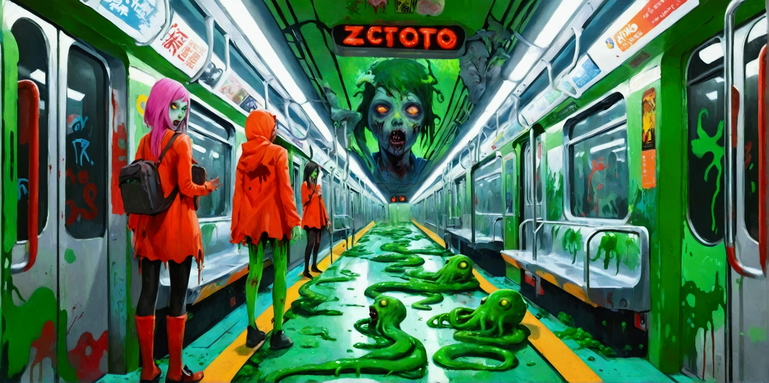 petrified people, by the Pompeii volcano, with torn suits, agony, covered in lime, white poisonous spores fall from the cloudy sky, (terrifying image), (apocalyptic image), in the background a subway station of a modern city, wet ground, opaque colors, green and blue tones, masterpiece
