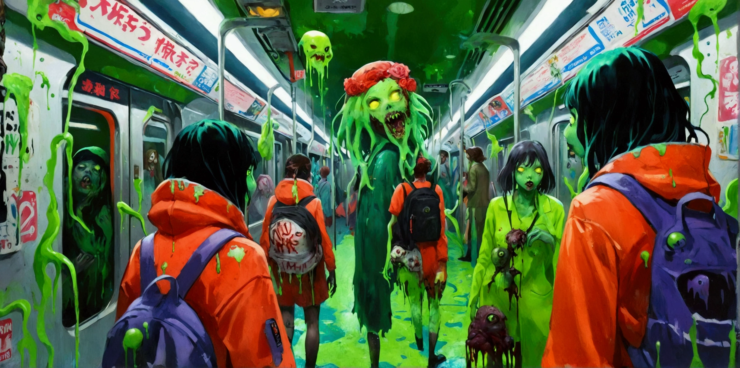   close-up of Zombie girls standing on the green floor of a New York subway platform, Green Slime, Green Slime everywhere, Neon Radioactive Swamp  , Green Slime dripping, Alien Room  , Cosmic horror style, Ectoplasm,  Indie Video Game Horror , alternate  Album cover , Oozing,  Album cover ,   just a joke  , Slime and tentacles,  Reptile's Slime 、Bustling zombies 、 Train Full of Graffiti、たくさんのzombie girlがこちらに向かって走る、駅のホーム