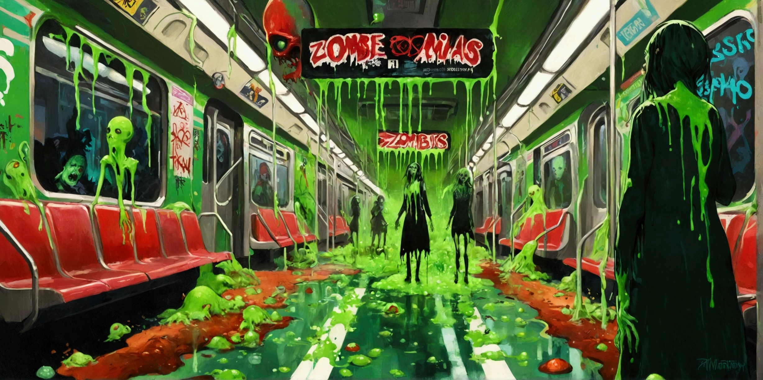   close-up of Zombie girls standing on the green floor of a New York subway platform, Green Slime, Green Slime everywhere, Neon Radioactive Swamp  , Green Slime dripping, Alien Room  , Cosmic horror style, Ectoplasm,  Indie Video Game Horror , alternate  Album cover , Oozing,  Album cover ,   just a joke  , Slime and tentacles,  Reptile's Slime 、Bustling zombies 、 Train Full of Graffiti、たくさんのzombie girlがこちらに向かって走る、駅のホーム