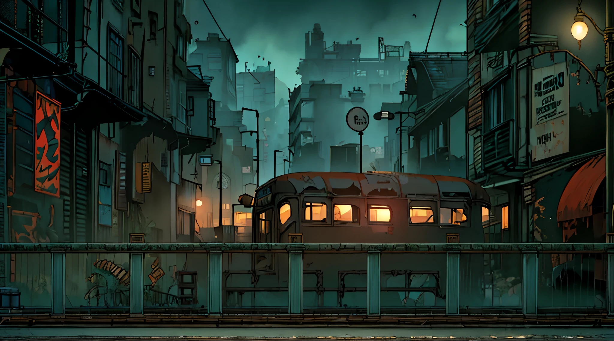 ghibli style, fence in the ruined post-apocalyptic street, ((camera lateral)), ((rusty pipes going up the brick walls)), (((rusty abandomned london bus car))), clothes line crossing the streets, (wasteland), graffit on the walls, urban themed fighting game scenery, (((night time))), dark clouds, street fighter scenery, trash bags in a corner, trash container in the alleyway, (humid ground with small water pools)