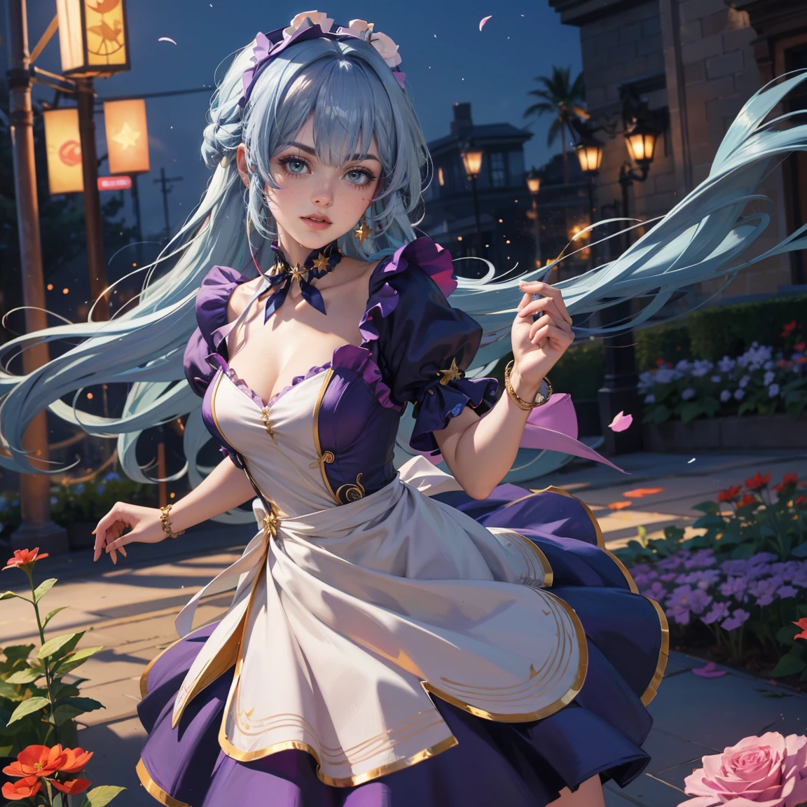 Robin_(Honkai star rail), 1girl, dress, solo, collarbone, long flowing hair, blue hair, floating hair, ornament hair, perfectly body, gold jewelry, jewelry, maid, maid dress, perfectly hands, on garden, petals, white roses, centered girl, maid, maid dress, purple dress, maid apron, white apron, maid headdress, short skirt, more details on her clothes, stomach, dress with transparency, golden details, night, smiling, firefly, sparkling, Best quality, cleavage, small skirt, full Body