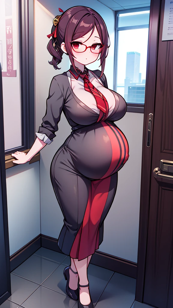 Pregnant office lady, wearing glasses. Full body