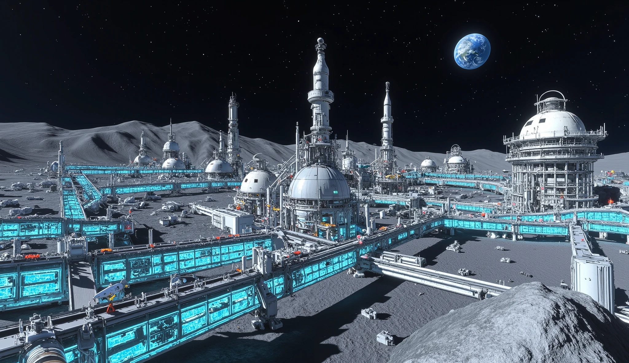 A grand panoramic view of a futuristic lunar base, sprawling across the rugged, cratered surface of the moon. The base is a marvel of engineering, with sleek metallic structures, towering observation domes, and interconnected corridors illuminated by a cold, bluish glow. Gigantic solar panels and communication arrays stretch towards the star-filled sky, while massive landing pads host advanced spacecraft. Robotic machines move efficiently along conveyor tracks, and luminous pipelines weave through the facility, emphasizing its mechanical sophistication. In the distance, Earth hangs in the sky, casting a faint glow over the scene. The composition captures the scale and intricacy of the base, blending awe-inspiring architecture with the stark beauty of the lunar landscape