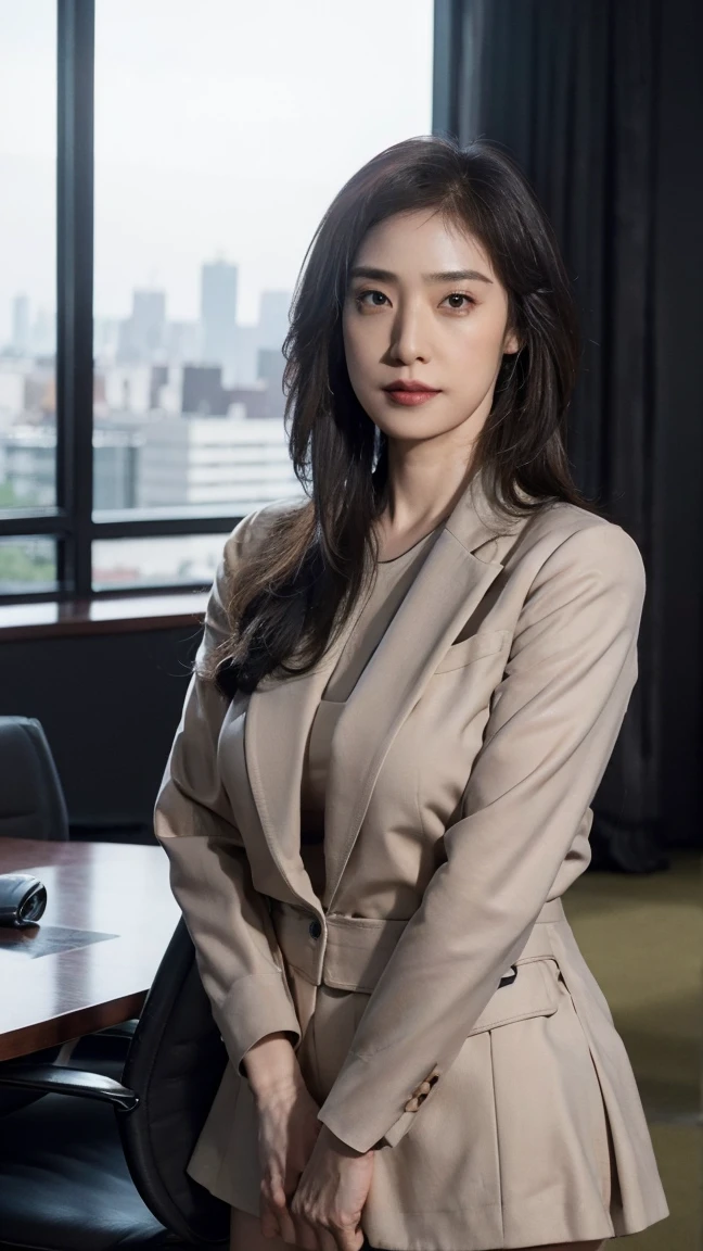 solo,  and look at this, Center parting shortcut,  high definition , masterpiece,  anatomically correct , accurate,  best quality,  Ultra High Definition,  textured skin, woman、 Hair parted to the center 、 Big Breasts 、 miniskirt suit 、45 years old、 company conference room 、 8k octane,  full body shot, 