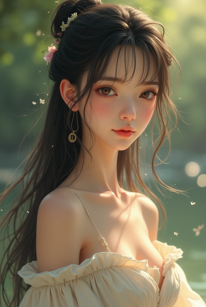 Ladies and bouquets，Portrait close-up，She looked at me with very beautiful and kind eyes.Detailed Schneider pastel ink, soft and fantastic, Fluffy, (Extremely fine and beautiful), (perfect  detail)、(Pastel color),Soft texture:1.2.(masutepiece, Best quality), (finely detailed beautiful eye), (finely detailed  eyes and detailed face),（Jet-black silky hair), The hue is also noticeably brighter.Pale blurred silhouette，Surrounded by plenty of flowers,Extremely beautiful nipples,Very small breasts,Flat Chest,Are thin,