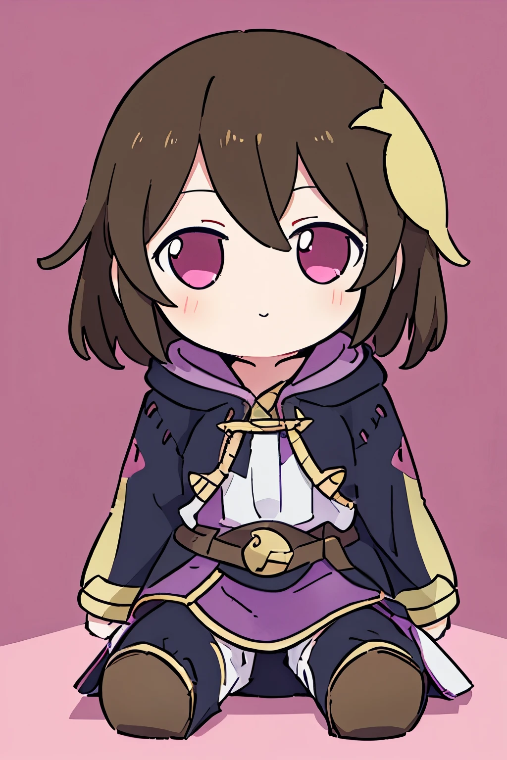 (high-quality, breathtaking),(expressive eyes, perfect face) 1girl, female, solo, Symmetrical Eyes, Robin (Fire Emblem: Awakening), dark Brown hair color, short hair length, messy wavy hair, hair ornament, pink eyes, Black and purple robe, gold trim, hood, white shirt, brown belt, Arms down, pants, boots, grey background, female robin (fire emblem), dark brown hair, braided bang, ribbon in hair, fumo \(doll\), jitome, looking at viewer, fumo, sitting, doll
