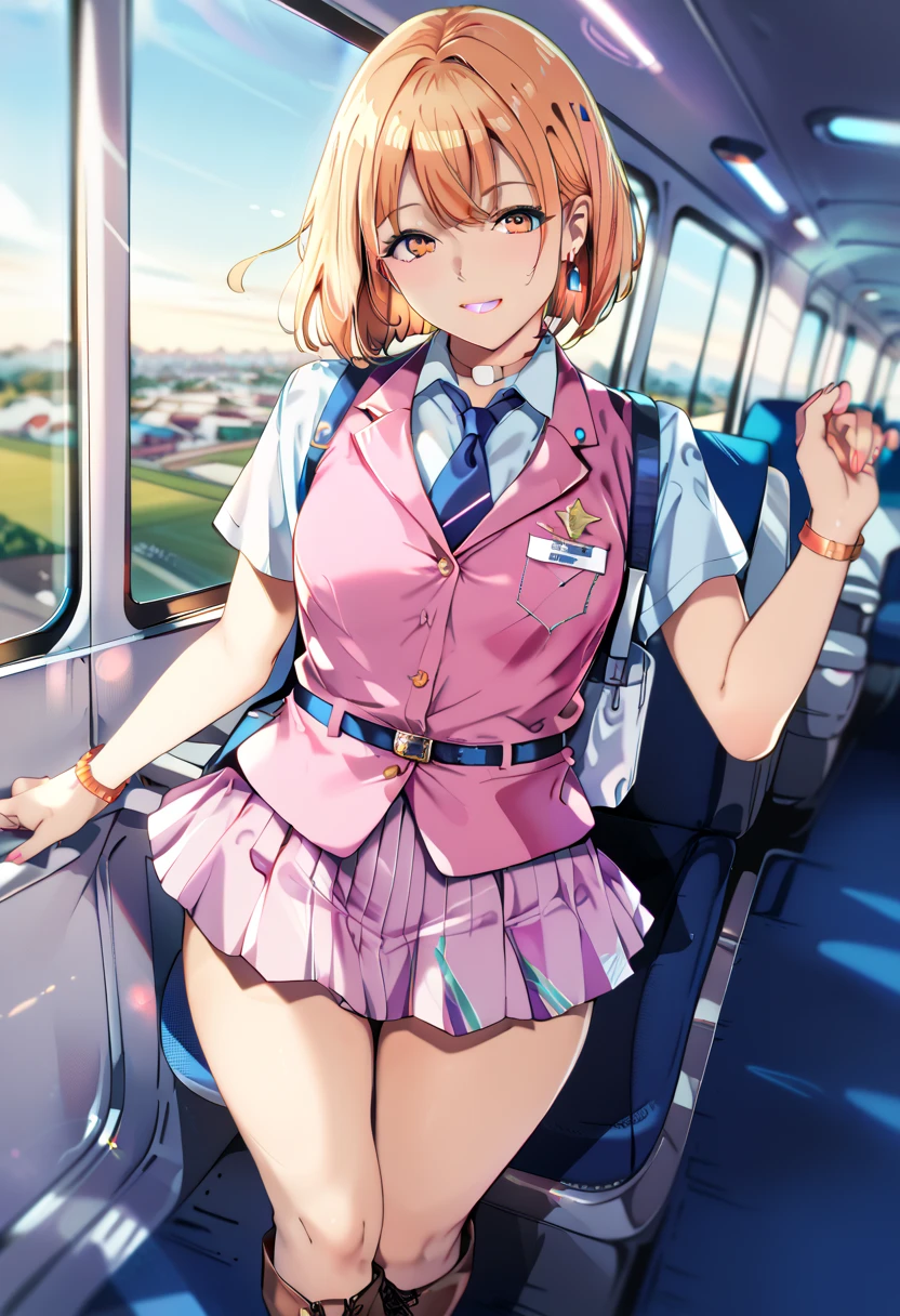 masterpiece,best quality,ultra detailed,8K,super fine illustration,highly detailed beautiful face and eyes,perfect anatomy,professional lighting,1 flight attendant,(solo:1.3), microskirt and boots uniform,orange and pink dress,smile,airplane interior,dynamic angle,depth of field,chromatic_aberration,very aesthetic,absurdres,