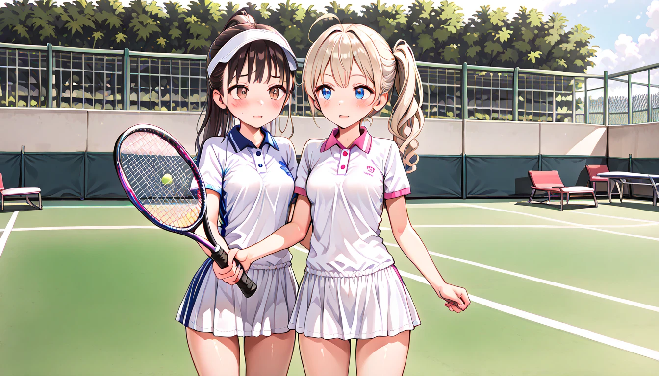 ((top quality)),((masterpiece)),((perfect face)),(ultra-detailed),ultra high res, 8k, 2girls, tennis court, racket, exquisite, cowboy shot, (very aesthetic:1.2), (absurdres:1.2), (detailed background),newest, perfect anatomy,