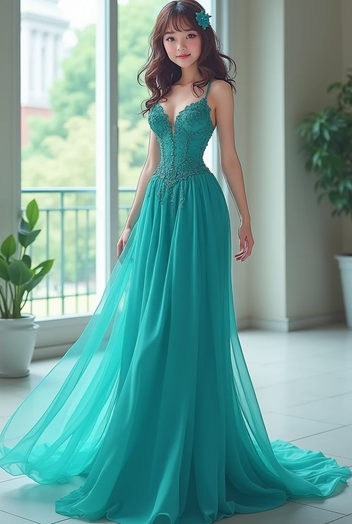 Lebanese lady, diamond dangling earrings, necklace, bracelets, small breasts, Beaded green Prom Dress, sad, hot, blush, side swept hair style, cleavages, radiant skin, 40 years old, innocent face, smokey eyes, long skirt