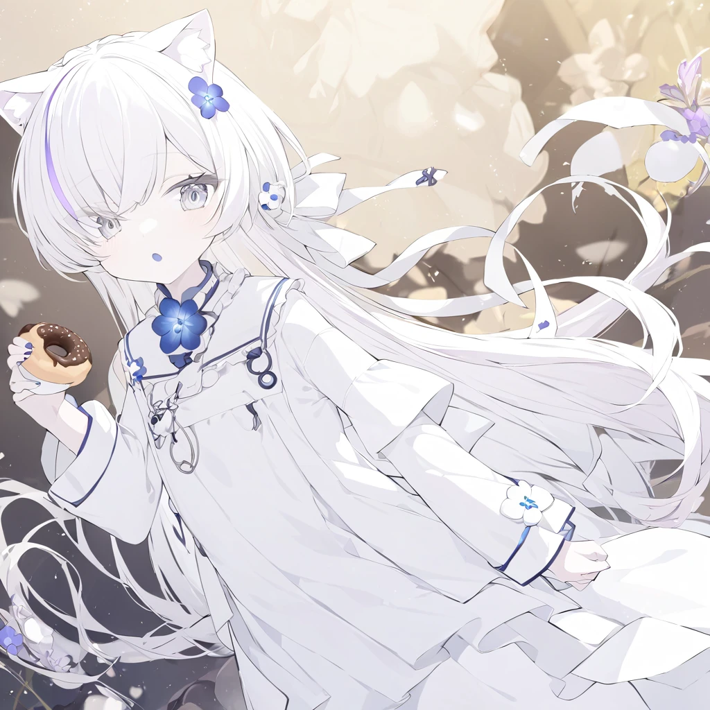 Nekomata
high resolution
expressive
solos
1 person
Beautiful young man
cute
she looks like a girl
neutral appearance
white hair
pure white hair
cat ear
Long-necked jellyfish cut
white outfit
Long clothes
white kimono
Higan flower accessories
Saliformes
gray eyes
Just 2 cat tails
Eat doughnuts
Eat deliciously