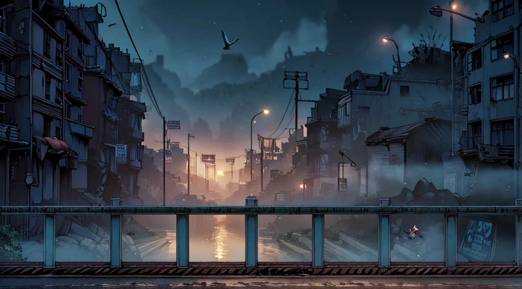 ghibli style, view from atop a bridge in the ruined post-apocalyptic new york, ((camera lateral)), (((rusty abandomned cars))), ((birds eye view)), dry trees, clothes line crossing the streets, (wasteland), graffit on the walls, urban themed fighting game scenery, (((night time))), dark clouds, street fighter scenery, trash bags in a corner, trash container in the alleyway, (humid ground with small water pools)